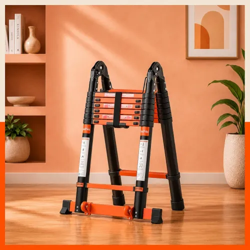 Image of Bathla 18.5 Ft A-Type Foldable Steel Telescopic Ladder with Support Wheels