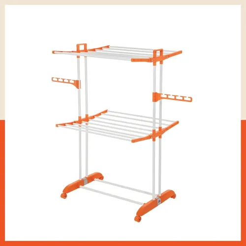 Image of Bathla 2 Level Modular Cloth Drying Stand with Wheels - Rustproof Portable Steel Laundry Rack (Orange - Medium) - Clothe