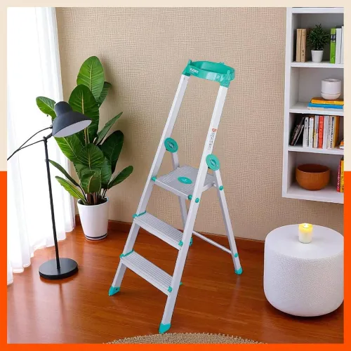 Image of Bathla Elevate 3-Step Foldable Aluminium Ladder for Home with Tool Tray | Anti-Skid | Durable, Heavy Duty, Safe & Stylis