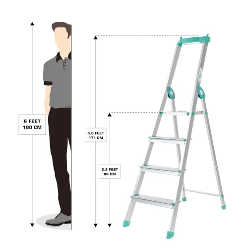 Image of Bathla Elevate 4-Step Foldable Aluminium Ladder for Home with Tool Tray | Anti-Skid | 