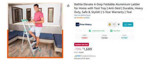 Image of Bathla Elevate 4-Step Foldable Aluminium Ladder 