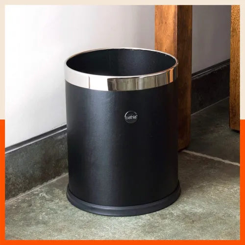 Image of Bathla Stainless Steel Leather Waste Bins | Garbage Trash Can | Round Shape| Dustbin For Home, Bathroom, Kitchen, Office