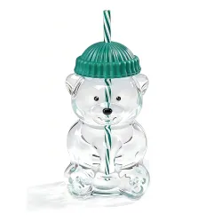 Bear Straw Cup Glass Tumbler 20 oz with Reusable Straw & Green Lid