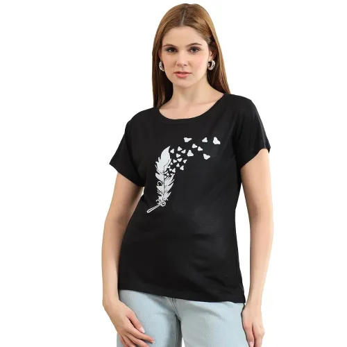 Image of bearbrother Women Regular Fit Printed Black Half Sleeves Round Neck Tshirt