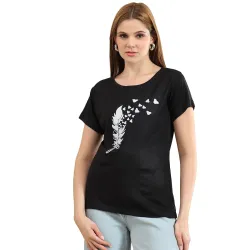 bearbrother Women Regular Fit Printed Black Half Sleeves Round Neck Tshirt