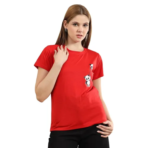 Image of bearbrother Women Regular Fit Printed Red Half Sleeves Round Neck Tshirt