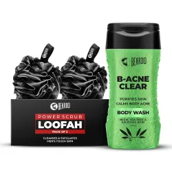 Beardo B-acne Clear Body Wash 200ml & Power Scrub Loofah Pack of 2 (Set of 2) | Acne-Fighting Body Wash With Neem, Tea T
