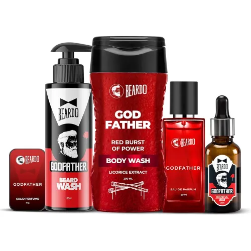 Image of Beardo GodFather Body Wash 200ml, Solid Perfume 10g, Perfume 50ml, Beard Wash 100ml & Beard Oil 30ml | 5-Piece Grooming 