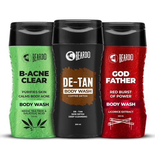 Image of Beardo DeTan , Godfather & B-acne Clear Body Wash for Men ( 200ml x 3) | Complete Skin Care Set for Men - Deep Cleansing