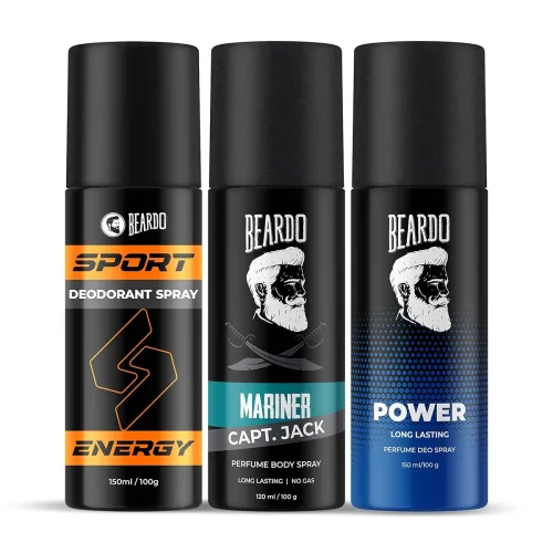 Image of Beardo Sport Energy Deodorant 150ml, Mariner Captain Jack 120ml & Power Perfume Deo 150ml (Set of 3)