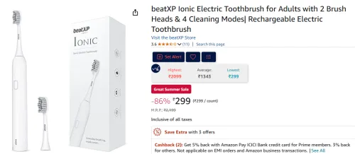 Image of beatXP Ionic Electric Toothbrush for Adults with 2 Brush Heads & 4 Cleaning Modes | Rechargeable Electric Toothbrush