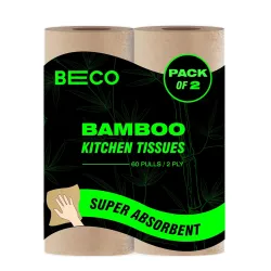 Beco Bamboo - 2 Ply Kitchen Tissue/Towel Roll | 120 Pulls (60 pulls x 2 Rolls) | 100% Eco-Friendly - Pure Bamboo Pulp |Soft & Super Absorbent | Food Safe & Chemical Free Tissue Papers