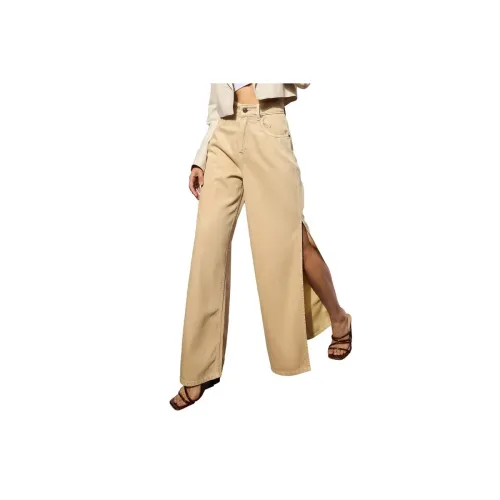 Image of Beige Side Slit Wide Leg Jeans