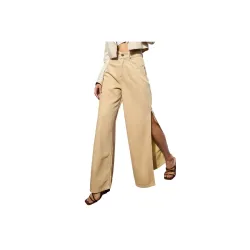 Beige Side Slit Wide Leg Jeans