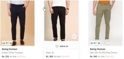 Being Human Men Cotton Chino Trousers Starting Price At @ ₹519