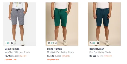 Image of Being Human Men's Shorts at minimum 70% Discount