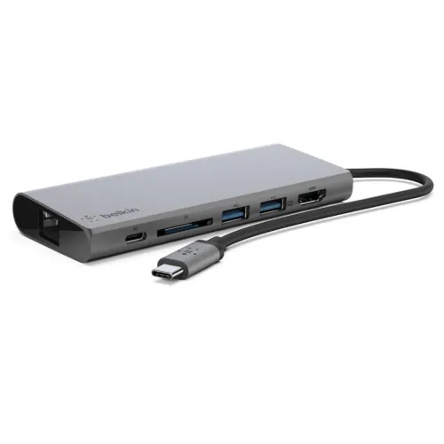 Image of Belkin USB-C 6-in-1 Hub Adapter (60W PD, 4K HDMI, Ethernet, Gray)