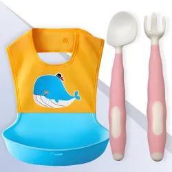Bembika Baby Feeding Essential The Ultimate Apron for Baby Feeding and Adjustable Bibs Set with BPA Free Baby Weaning Spoon and Baby Self Feeding Spoon - (BE2343)