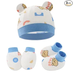Bembika Cotton Baby Mittens – Soft, Non-Slip Baby Mittens & Socks for Winter, Warm Infant Cap for Scratching, 0-3 Months