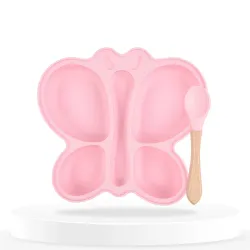 Bembika Baby Feeding Essential Baby Dinner Set Silicone Tableware Set for Baby Infant Training Eating Utensils Butterfly Design - (Pack of 2) (Baby Pink)