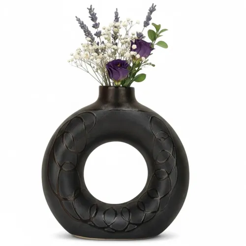 Image of BENAVJI Black Ceramic Donut 6 Inch Modern Flower Vase for Pampas Grass