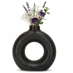 BENAVJI Black Ceramic Donut 6 Inch Modern Flower Vase for Pampas Grass