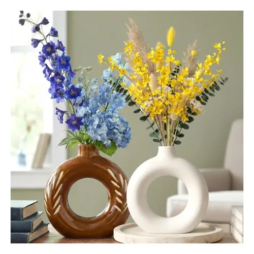 Image of BENAVJI Ceramic Donut Vase Circular Hollow Nordic Flower Vase Decorative