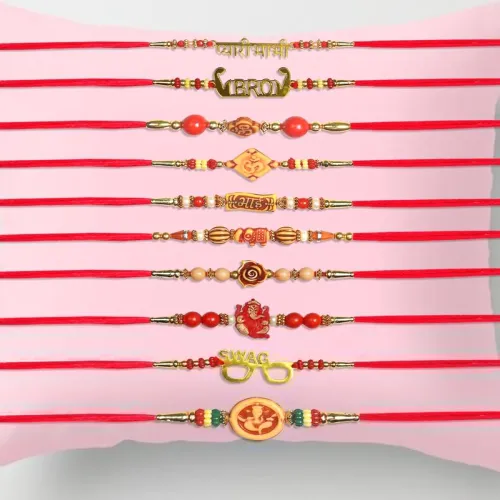 Image of BENAVJI Handcrafted Rakhi Set of 15, Gold-Plated Designer Brother Rakhis