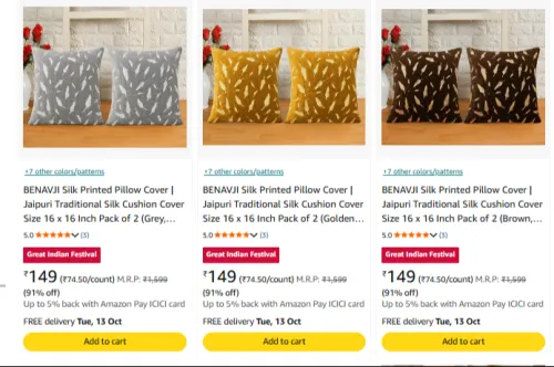 Image of BENAVJI Silk Printed Pillow Cover | Jaipuri Traditional Silk Cushion Cover Size