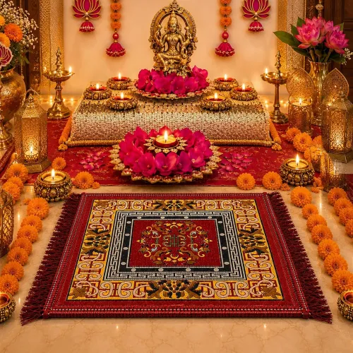 Image of BENAVJI Velvet Traditional Floral Printed Asana Carpet Rug for Home Mandir Pooja