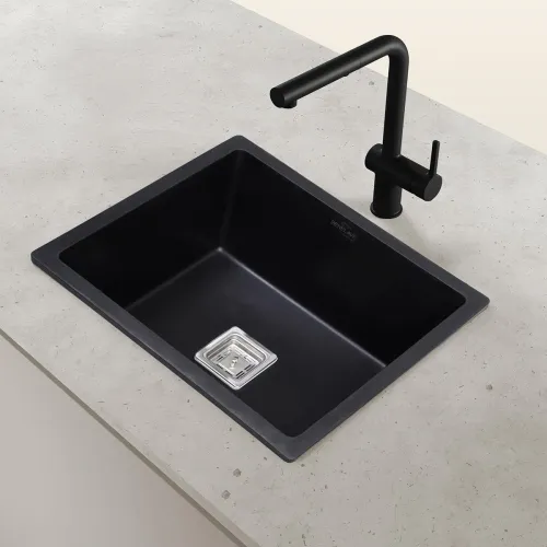 Image of Benelave by Hindware BLACP91005 Quartz Sink 21x18 for Kitchen | Single Bowl | Black Color | Better Sound Absorption for 