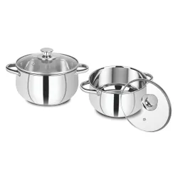 Bergner Acier Stainless Steel Set of 2 Cook and Serve Casserole with 2 Glass Lids, 4 pcs, 2 Casseroles 16cm with 2 Glass