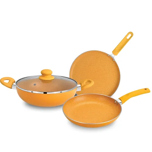 Image of BERGNER Aluminium Jazz Non Stick Cookware Set 4Pc-Kadhai with Glass Lid 24Cm, Dosa Tawa 28Cm, Frypan 24Cm with Induction