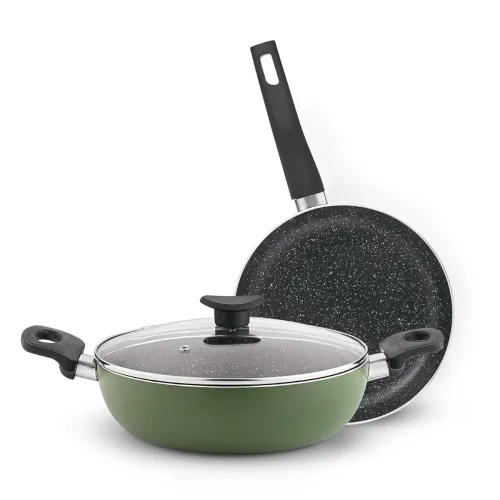 Image of Bergner Dahlia 3-Layer Non-Stick Coating 3 Pcs Cookware Set - 24cm (2.5 L) Kadai with Glass Lid and 24cm Frypan, Minimal
