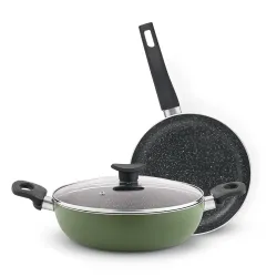Bergner Dahlia 3-Layer Non-Stick Coating 3 Pcs Cookware Set - 24cm (2.5 L) Kadai with Glass Lid and 24cm Frypan, Minimal