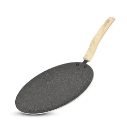 BERGNER Earth Black Non-Stick 26 cm Concave Roti Tawa, Wooden Finish Soft Touch Handle, 3mm Thickness, Even Heat Distribution, White Marble Splatter - Induction Bottom and Gas Ready