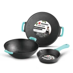 Bergner Eco Cast Iron 3 Pcs Cookware Set - 24cm Kadai, 19cm Frypan, 30cm Dosa Tawa, Cast Iron Kitchen Cooking Combo Pots