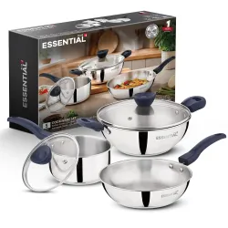 Bergner Essential Plus Stainless Steel 5 Pcs Cookware Set - 22cm/2.5L Kadai with Lid, 22cm Frypan, 16cm/1.5L Saucepan with Lid, Sturdy Bakelite Handles, Even Heating, Thick Triply Bottom