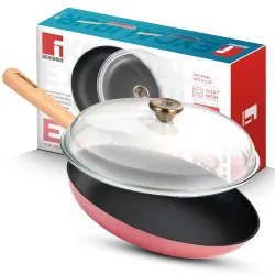 BERGNER Excalibur Lightweight Cast Iron Frypan with Lid 28cm, Sturdy Wooden Handle, Non-Stick Coating, PFAS Free, Perfect Heat Distribution, Elegant Design - Induction Compatible (Pink)