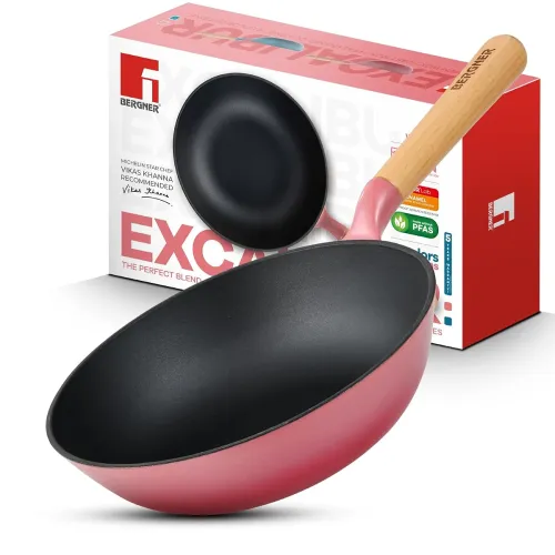 Image of BERGNER Excalibur Lightweight Cast Iron Wok 24cm (2L), Sturdy Wooden Handle, Non-Stick Coating, PFAS Free, Perfect Heat 