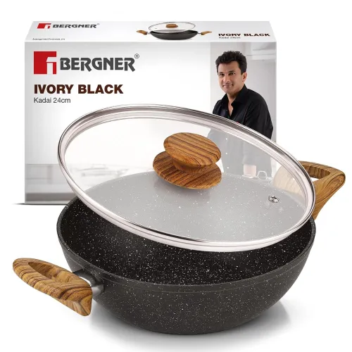 Image of Bergner Ivory Black Granite Non-Stick 24cm (2.5L) Kadai with Glass Lid
