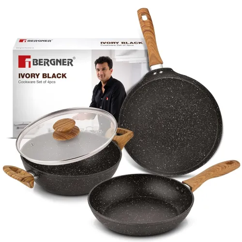 Image of Bergner Ivory Black Granite Non-Stick 4 Pcs Cookware Set 