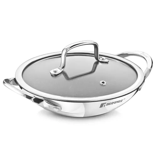 Image of Bergner Argent Samsara Triply Non-Stick 21cm Diameter Appachetty with Glass Lid, Appachatti /Chetty Pan /Appam Patra, Qu