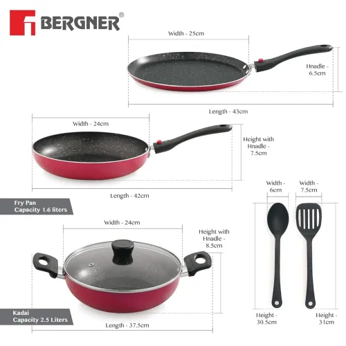 Image of Bergner Sherry Plus Non-Stick 6 pcs Cookware Set, Combo Set with Detachable Handle