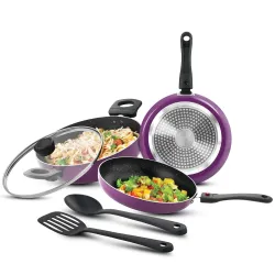 Bergner Sherry Plus Non-Stick 6 pcs Cookware Set - Set of 24cm (2.5L) Kadai with Glass Lid, 24cm (1.6L) Frying Pan, 25cm