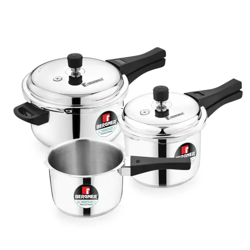 Image of Bergner Sorrento Stainless Steel Outer Lid Pressure Cooker Set of 5L Cooker, 2L and 3L Cooker with Common Lid, Triply Ba