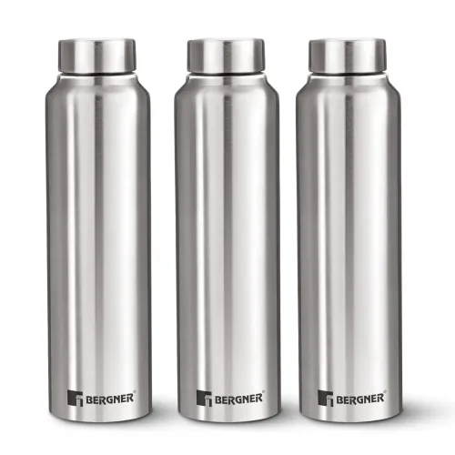 Image of Bergner Walking Stainless Steel 3 Pcs (1000ml Each) Water Bottles with Screw Cap, Rustproof, Airtight & Leakproof Steel 