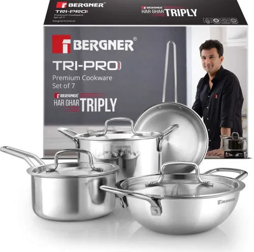 Image of BERGNER Tripro Triply Stainless Steel 7 Pcs Induction Bottom Cookware Set (Triply, 7 - Piece)