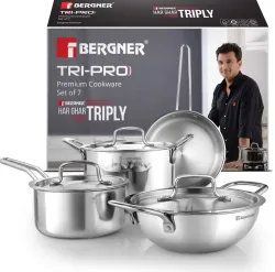 BERGNER Tripro Triply Stainless Steel 7 Pcs Induction Bottom Cookware Set (Triply, 7 - Piece)