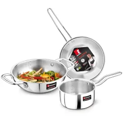 Bergner BE Essentials TriPro TriPly Stainless Steel 3 Pcs Cookware Set - 24cm (3 L) Kadai, 14cm (1.1 L) Teapan, 22cm (1 L) Frypan, Consumes Less Oil, Even Heat Distribution - Induction Botto...